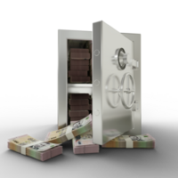 Bundles of 100 Uruguayan Peso Uruguayo in Steel safe box. 3D rendering of stacks of money inside metallic vault isolated on transparent background, Financial protection concept, financial safety. png