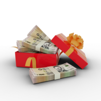 Stack of 100 Uruguayan Peso Uruguayo notes inside an open red gift box. Bundles of Uruguayan peso inside a gift box. 3d rendering of money inside box isolated transparent  background png