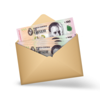 Uruguayan Peso Uruguayo notes inside an open brown envelope. 3D illustration of money in an open envelope png