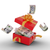 100 Uruguayan Peso Uruguayo notes inside an open red gift box. Uruguayo inside and flying around a gift box. 3d rendering of money inside box isolated on transparent  background png