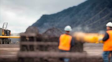 worker industrial quarry open mine. In background blurred loading photo