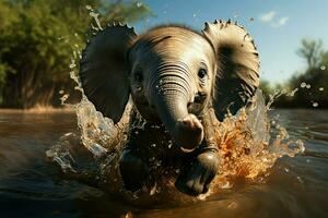 Endearing baby elephant finds glee as it dances amidst refreshing puddle waters AI Generated photo