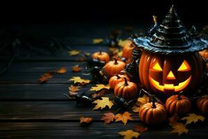 Halloween joy 3D rendered jack o lantern pumpkins, witch hats, and vibrant candies AI Generated photo