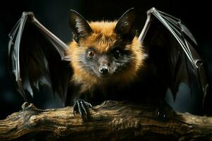 Ethereal sight, flying fox clings to branch, showcasing its winged, arboreal grace AI Generated photo