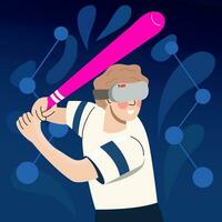 Man playing baseball in VR headset. Vector hand drawn virtual sports illustration