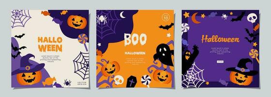 Halloween banners set, party invitation background with clouds, bats and pumpkins in flat design for banner, cover, printing and social media post. Vector illustration.