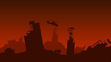 Destroyed city landscape vector illustration. Silhouette of military war in the dead city ruins. Social issue of war and invasion in the city