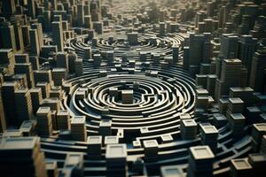 City as maze with streets and high rising buildings. Generative AI photo