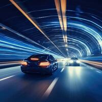 Modern car driving in tunnel. Generative AI photo