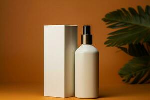 Lotion bottle placed beside a neatly arranged cardboard packaging AI Generated photo