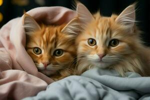 Cute kittens snuggle in blanket fort, forming a delightful cuddly cluster AI Generated photo