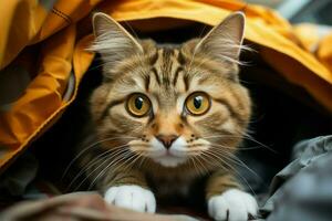 Panic stricken cat found hidden in closet Womans hand reveals its secret refuge AI Generated photo