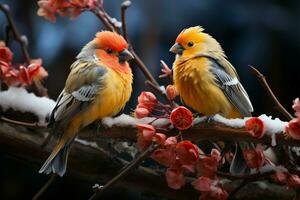 Vibrant feathered friends add a splash of color to winters beauty AI Generated photo