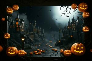 Eerie 3D rendering for Halloween Witchs castle, bats, pumpkins, and tree AI Generated photo