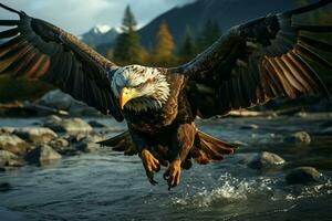 cautivador secuencias águilas cerca arriba medio vuelo y agraciado aterrizaje ai generado foto