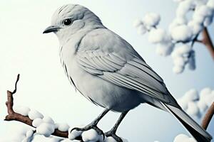 Bird rests on a snowy white stage, a minimalist masterpiece AI Generated photo