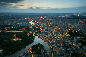 Location hunt. Network map pin in cityscape implies precise searching AI Generated photo