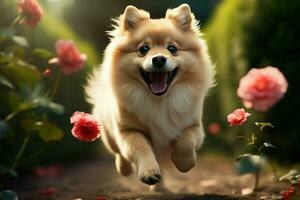 Energetic spitz joyfully runs in the garden, carrying a flower in its mouth AI Generated photo