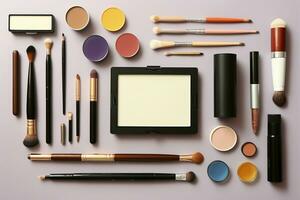 Cosmetic products form a border around a tablets blank screen AI Generated photo