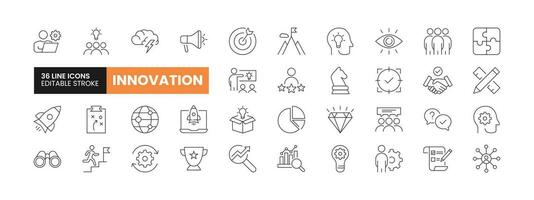 Set of 36 Innovation line icons set. Innovation outline icons with editable stroke collection. Includes Team, Teamwork, Vision, Goal, Management and More. vector