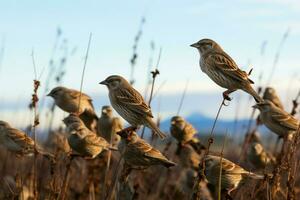 A flock of wild sparrows, featuring the Passer montanus species AI Generated photo