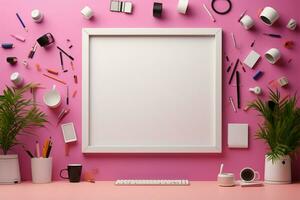 a white frame surrounded by office supplies on a pink background AI Generated photo