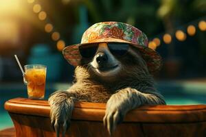 Laid back sloth vibes, hat, sunglasses, cocktail, pure poolside contentment AI Generated photo