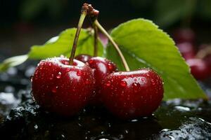 delicioso cerezas relucir en madera, adornado con agua gotas en fascinante macro ai generado foto