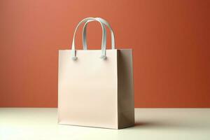 Beige backdrop highlights a white paper bag equipped with handle AI Generated photo