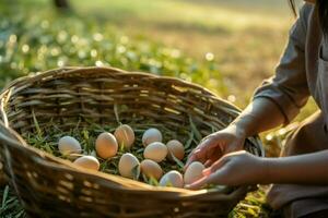 Rear view of Asian women harvesting eggs on an eco friendly farm AI Generated photo