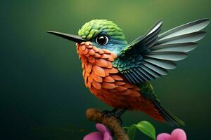 Adorable hummingbird depicted in a charming cartoon style with expressive eyes AI Generated photo