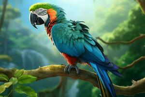 3D rendered, radiant blue green macaw perches on a branch in stunning illustration AI Generated photo