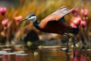 African jacana, Actophilornis africanus, boasts striking aquatic adaptions for survival AI Generated photo