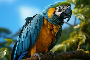 Vibrant blue green macaw, perched on a tree branch, brought to life in 3D AI Generated photo