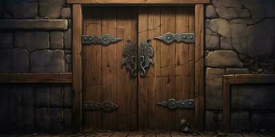 AI Generated. AI Generative. Fantasy cartoon dungeon door entrance exit wooden and metal. Graphic Art photo