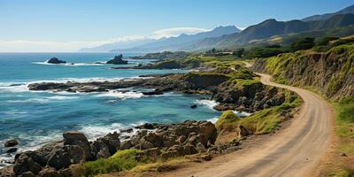 ai generado. ai generativo. la carretera a línea costera playa mar Oceano aventuras viaje viaje viaje paisaje antecedentes. gráfico Arte foto