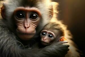 Loving monkey mother holds child, a representation of family unity AI Generated photo