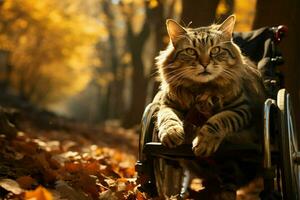Disabled feline in wheelchair explores park, embodying courage and adaptive spirit AI Generated photo