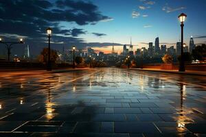 Urban serenity, Night unveils empty brick floor, modern building in tranquil backdrop AI Generated photo