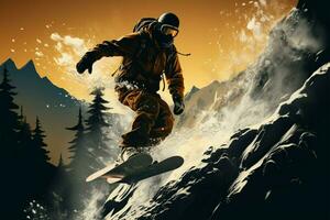 un emocionante póster representa un snowboarder altísimo alto dentro el aire ai generado foto