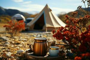 Grounded coffee pot and mug set the scene in a camp AI Generated photo