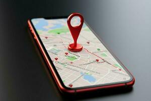 Red map pin icon displayed on 3D rendered smartphone screen AI Generated photo