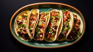 Authentic Mexican breakfast tacos on colorful plate background with empty space for text photo