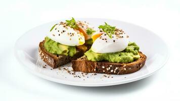 Close up avocado toast with poached eggs on multigrain bread isolated on a white background photo