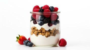 Granola Greek yogurt fresh fruits in a jar isolated on a white background photo