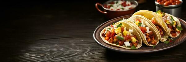 Mexican breakfast tacos with eggs chorizo salsa on a vibrant plate photo