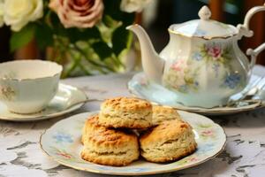 Quaint breakfast with homemade scones on vintage china background with empty space for text photo