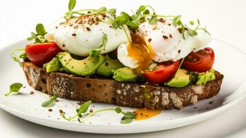 Close up avocado toast with poached eggs on multigrain bread isolated on a white background photo