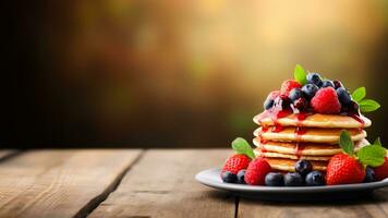 Stack of pancakes with berries on rustic table background with empty space for text photo