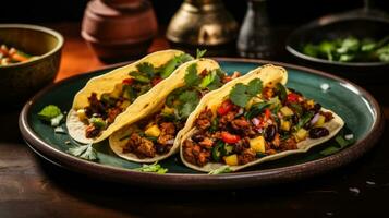 Mexican breakfast tacos with eggs chorizo salsa on a vibrant plate photo